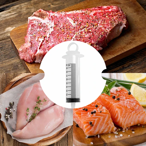 Injectiespuit 100 ml + 2 naalden - 7 ['vleeswaren', ' voor vlees', ' vleesspuit', ' roestvrijstalen naalden', ' injectienaald', ' voor vlees', ' voor pekelen', ' onvoldoende pekelen', ' grijze vlekken in vleeswaren']