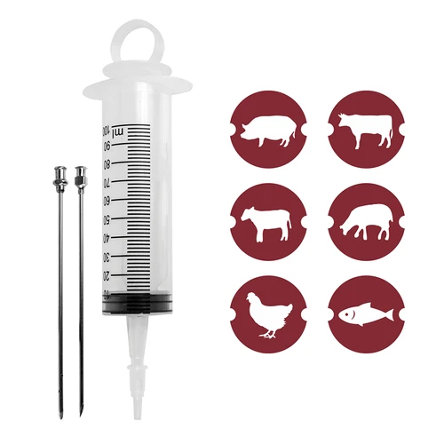 Injectiespuit 100 ml + 2 naalden - 9 ['vleeswaren', ' voor vlees', ' vleesspuit', ' roestvrijstalen naalden', ' injectienaald', ' voor vlees', ' voor pekelen', ' onvoldoende pekelen', ' grijze vlekken in vleeswaren']