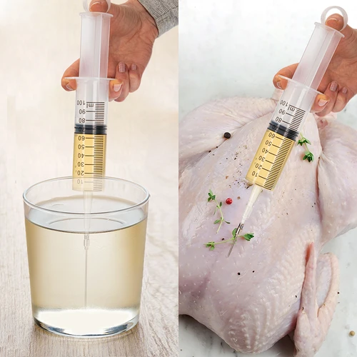 Injectiespuit 100 ml + 2 naalden - 8 ['vleeswaren', ' voor vlees', ' vleesspuit', ' roestvrijstalen naalden', ' injectienaald', ' voor vlees', ' voor pekelen', ' onvoldoende pekelen', ' grijze vlekken in vleeswaren']