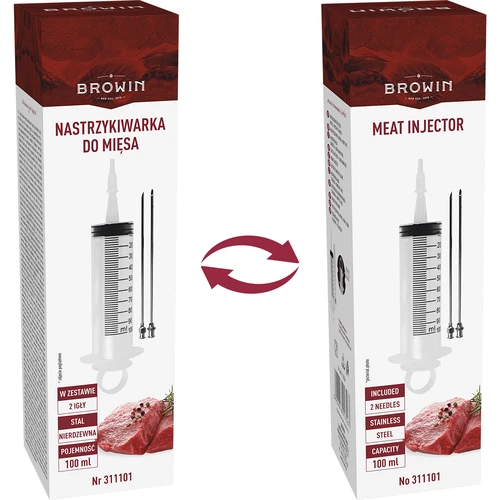 Injectiespuit 100 ml + 2 naalden - 11 ['vleeswaren', ' voor vlees', ' vleesspuit', ' roestvrijstalen naalden', ' injectienaald', ' voor vlees', ' voor pekelen', ' onvoldoende pekelen', ' grijze vlekken in vleeswaren']