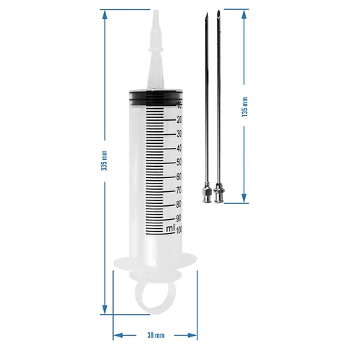 Injectiespuit 100 ml + 2 naalden - 10 ['vleeswaren', ' voor vlees', ' vleesspuit', ' roestvrijstalen naalden', ' injectienaald', ' voor vlees', ' voor pekelen', ' onvoldoende pekelen', ' grijze vlekken in vleeswaren']