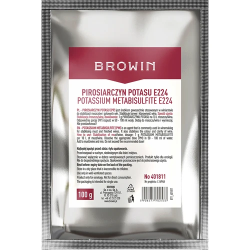 Kaliumdisulfiet, 100 g  - 1 ['kaliumdisulfiet voor wijn', ' kaliumdisulfiet voor wijn', ' kaliumdisulfiet desinfectie', ' kaliumdisulfiet voor desinfectie', ' stabilisatie van wijn', ' stabilisatie van dranken', ' om fermentatie te stoppen', ' stabilisatie van sappen en mosten', ' fruitwijn', ' thuis wijn maken', ' veilige fermentatie', ' kleur en helderheid van wijn']