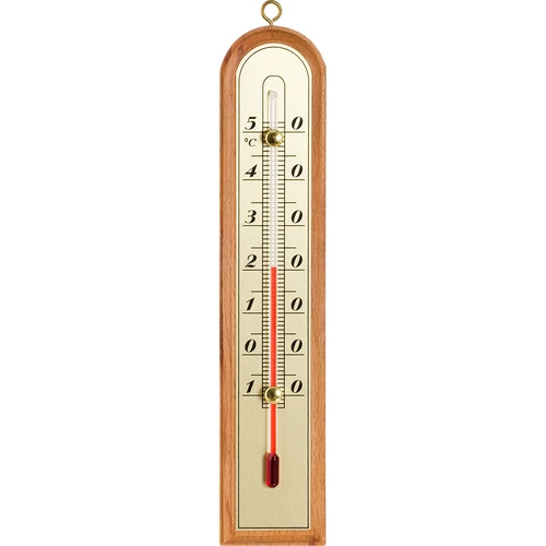 Kamertemperatuurmeter met gouden schaal (-10°C tot +50°C) 22cm, mix  - 1 ['binnen thermometer', ' kamertemperatuurmeter', ' thermometer voor binnen', ' huisthermometer', ' thermometer', ' houten kamertemperatuurmeter', ' thermometer met duidelijke schaal', ' thermometer met zilveren schaal', ' thermometer met gouden schaal', ' thermometer om op te hangen', ' traditionele thermometer']