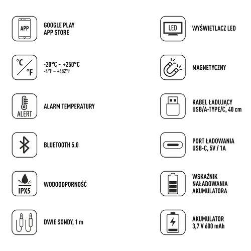 Keukenthermometer met Bluetooth, 2 sondes - 8 ['keukenthermometer', ' voedselthermometer', ' voor koken', ' voor roken', ' voor bakken', ' vleesthermometer', ' gebakthermometer', ' thermometer met bluetooth', ' universele thermometer', ' beste keukenthermometer', ' thermometer met sonde', ' thermometer met app', ' cadeau-idee']