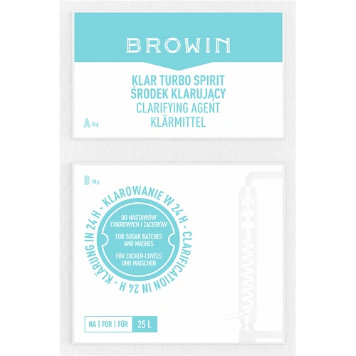 Klar Turbo Spirit 25 L - 65 g  - 1 ['klaringsmiddel', ' voor het klaren van beslag', ' voor het klaren van distillaten', ' chitosan', ' voor het verwijderen van troebelheid', ' klarowin', ' kielsol', ' klar', ' turbo klar', ' mega klar', '']