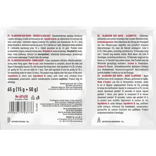 Klarowin Duo Rapid - chitosan + kiezelzuur, 65 g - 2 ['klarowin', ' voor het klaren van wijn', ' klaringsmiddel', ' middel tegen troebelheid in wijn', ' chitosan voor klaren', ' kiezelzuur voor klaren', ' klaringsmiddel 24 u']