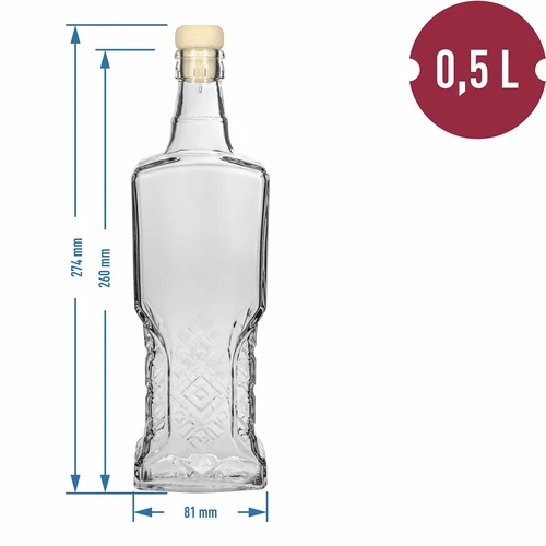 Kredensfles 0,5 L met kurk - 5 ['decoratieve glazen fles', ' fles met natuurlijke kurk', ' fles voor likeuren']