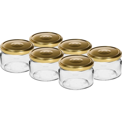 Lage pot 200ml - met gouden deksel fi 82/6, 6 stuks  - 1 ['lage pot', ' glazen pot', ' pot 200ml', ' twist-off deksel', ' pot voor jam', ' opslagcontainer', ' zelfgemaakte conserven', ' pot voor haring', ' pot voor salade', ' pot voor dessert']