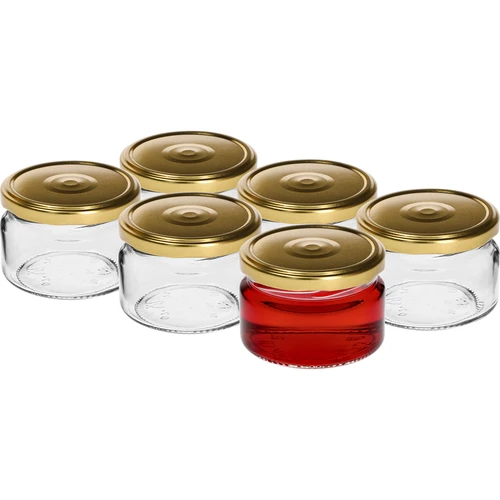 Lage pot 200ml - met gouden deksel fi 82/6, 6 stuks - 2 ['lage pot', ' glazen pot', ' pot 200ml', ' twist-off deksel', ' pot voor jam', ' opslagcontainer', ' zelfgemaakte conserven', ' pot voor haring', ' pot voor salade', ' pot voor dessert']