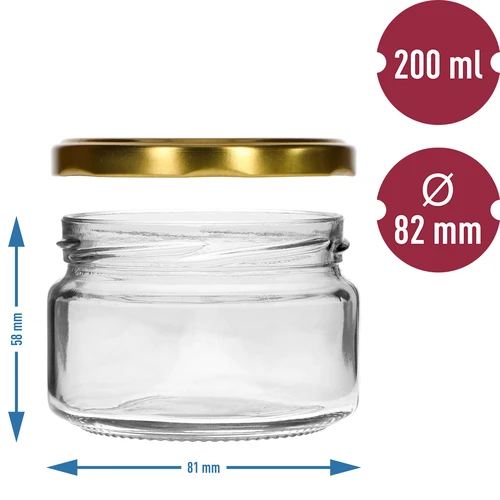 Lage pot 200ml - met gouden deksel fi 82/6, 6 stuks - 5 ['lage pot', ' glazen pot', ' pot 200ml', ' twist-off deksel', ' pot voor jam', ' opslagcontainer', ' zelfgemaakte conserven', ' pot voor haring', ' pot voor salade', ' pot voor dessert']