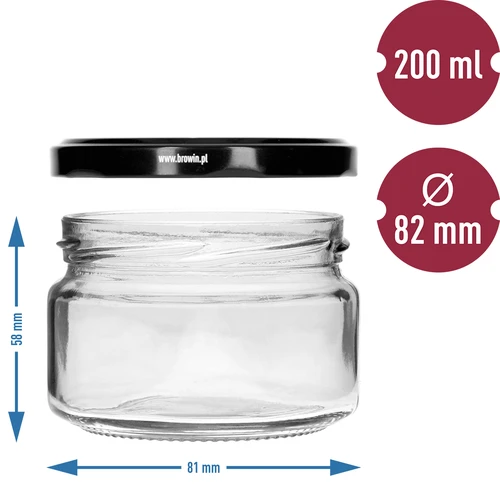 Lage pot 200ml - met zwarte deksel fi 82/6, 6 stuks - 5 ['lage pot', ' glazen pot', ' pot 200 ml', ' twist-off deksel', ' pot voor jam', ' opslagcontainer', ' zelfgemaakte conserven', ' pot voor haring', ' pot voor salade', ' pot voor dessert']