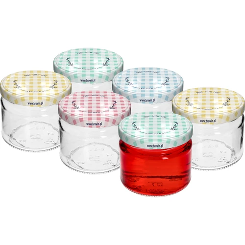 Lage pot 330ml - met gekleurde deksel fi 82/6, 6 stuks - 2 ['lage pot', ' glazen pot', ' pot 330ml', ' twist-off deksel', ' pot voor jam', ' opslagcontainer', ' zelfgemaakte conserven', ' pot voor haring', ' pot voor salade', ' pot voor dessert']