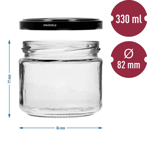 Lage pot 330ml - met zwarte deksel fi 82/6, 6 stuks - 7 ['lage pot', ' glazen pot', ' pot 330ml', ' twist-off deksel', ' pot voor jam', ' opslagcontainer', ' zelfgemaakte conserven', ' pot voor haring', ' pot voor salade', ' pot voor dessert']