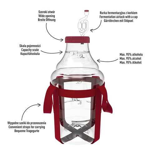 Lichte, onbreekbare wijnballon met draagriemen, 15 L - 4 ['wijnballonnen', ' bierballonnen', ' wijncontainers', ' biercontainers', ' PET-containers', ' breedmondballonnen', ' wijnsets', ' onbreekbare containers', ' fermentatiecontainers', ' fermentatieballonnen', ' ballonnen met schroefdop', ' ballonnen met accessoires', ' wijnnieuwigheden', ' huiswijnen', ' huisbieren', ' draagriemen', ' ballonnen', ' van kunststof', ' onbreekbaar', ' fermentor', ' demijohn', ' mandfles', ' gallon', ' wijn', ' bier', ' met draagriemen', ' set']