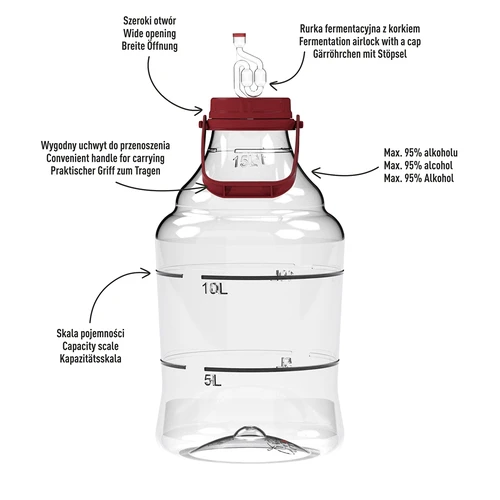 Lichte, onbreekbare wijnballon met handvat, 15 L - 4 ['fermentatiecontainer', ' fermentatievat', ' waarin fermenteren', ' wijnballon', ' bierballon', ' voor fermentatie', ' breedmondballon', ' petballon', ' plastic ballon', ' onbreekbare ballon', ' wijnballon', ' wijnnieuwigheid', ' ballon 15 L', ' fermentor met schroefdop']