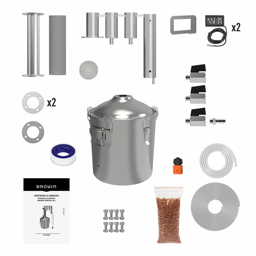 Modulaire distilleerder 18 L Munin convex - 4 ['distilleerset', ' roestvrijstalen distilleerder', ' distilleerapparaat', ' waterdistilleerder', ' gedestilleerd water', ' prismatische veren', ' Browin distilleerder', ' etherische oliën', ' alcohol distilleerders', ' condensor twee opvangbakken']