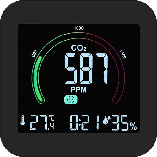 Multifunctionele luchtkwaliteitsensor - 2 ['luchtkwaliteitsensor', ' luchtsensor', ' luchtsensoren', ' luchtsensor', ' thermometer', ' vochtigheidsmeting', ' CO2-concentratie', ' kooldioxideconcentratie', ' CO2-sensor', ' wekker', ' klok met wekker', ' luchtcomfortniveau']