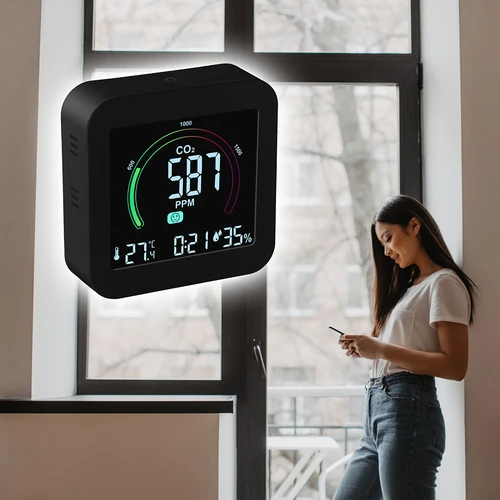Multifunctionele luchtkwaliteitsensor - 9 ['luchtkwaliteitsensor', ' luchtsensor', ' luchtsensoren', ' luchtsensor', ' thermometer', ' vochtigheidsmeting', ' CO2-concentratie', ' kooldioxideconcentratie', ' CO2-sensor', ' wekker', ' klok met wekker', ' luchtcomfortniveau']