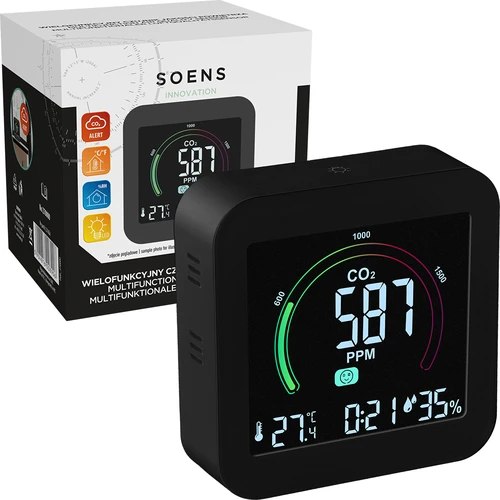 Multifunctionele luchtkwaliteitsensor - 5 ['luchtkwaliteitsensor', ' luchtsensor', ' luchtsensoren', ' luchtsensor', ' thermometer', ' vochtigheidsmeting', ' CO2-concentratie', ' kooldioxideconcentratie', ' CO2-sensor', ' wekker', ' klok met wekker', ' luchtcomfortniveau']