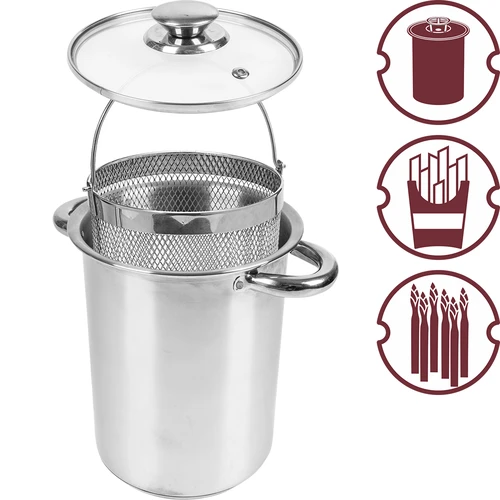 Multifunctionele pot met mand - 3 ['hoge pot voor hamkoker', ' gerechten uit de hamkoker', ' hamkoker', ' pot voor hamkoker', ' mand voor het koken van groenten', ' frietmand', ' multifunctionele pot voor het koken van vlees en vleeswaren']
