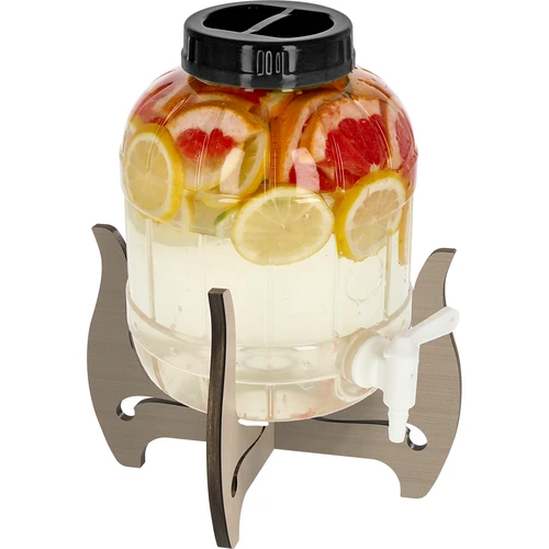 Onbreekbare pot 5L met kraan en tweezijdige houten standaard - 3 ['onbreekbare pot', ' plastic pot', ' pot voor limonade', ' pot voor punch', ' pot op standaard', ' pot met kraan', ' citroenlimonade', ' limonade', ' punch', ' sangria', ' pot op standaard', ' pot voor dranken', ' pot voor likeur', ' voor kerstthee', ' pot voor alcohol']