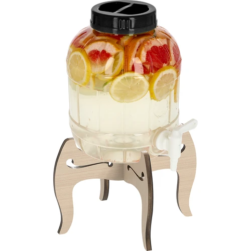 Onbreekbare pot 5L met kraan en tweezijdige houten standaard  - 1 ['onbreekbare pot', ' plastic pot', ' pot voor limonade', ' pot voor punch', ' pot op standaard', ' pot met kraan', ' citroenlimonade', ' limonade', ' punch', ' sangria', ' pot op standaard', ' pot voor dranken', ' pot voor likeur', ' voor kerstthee', ' pot voor alcohol']