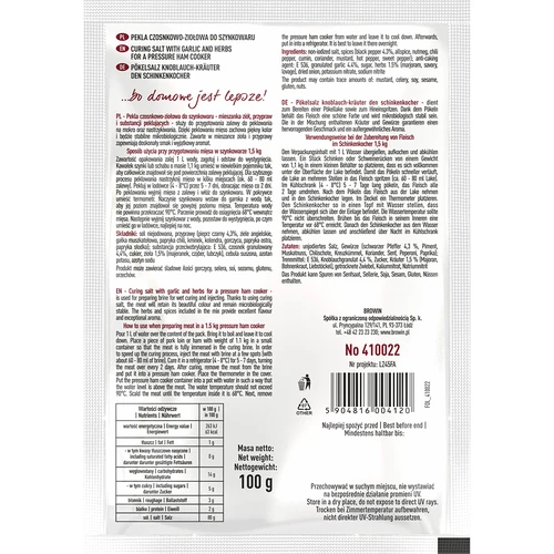 Pekelzout Pekel knoflook-kruiden voor hammenpers, 100 g - 2 ['pekel', ' pekelen', ' pekel voor ham', ' pekel voor hammenpers', ' pekel voor vlees', ' pekelzout', ' pekeloplossing voor vlees', ' pekeloplossing voor vlees recept', ' droog pekelen', ' zout voor pekelen']