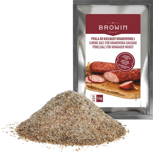 Pekelzout Pekel voor Kraków-worst - 115 g - 3 ['pekel', ' pekelen', ' pekel voor worst', ' pekel voor Kraków-worst', ' pekel voor vlees', ' pekelzout', ' zout voor het pekelen van vlees', ' recept voor het pekelen van vlees', ' droog pekelen', ' zout voor pekelen']