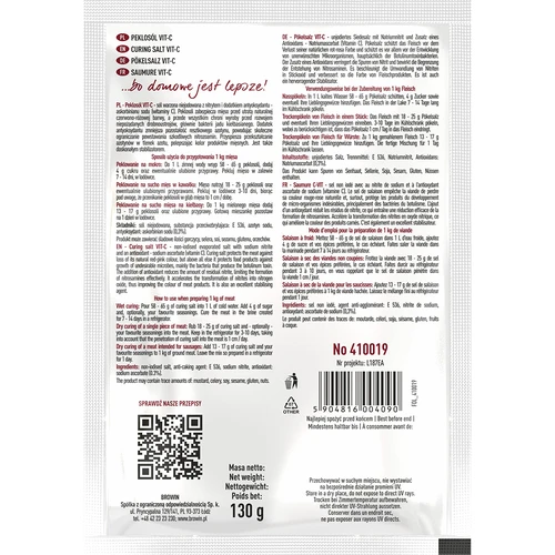 Pekelzout Vit-C - 130 g - 2 ['pekelzout', ' pekel', ' pekelzout voor vlees', ' vleesconservering', ' vleeswarenconservering', ' voor pekelen', ' pekeloplossing', ' vitamine C', ' natriumascorbaat']