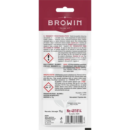 Pirosiarczyn Turbo, 15 g - 2 ['reiniging van wijnapparatuur', ' spoelen van wijnapparatuur', ' reinigen van ballonnen', ' spoelen van ballonnen', ' reinigen van fermentatiecontainers', ' desinfectie van wijnapparatuur', ' desinfectie van wijnapparatuur', ' spoelen van wijnballonnen', ' spoelen van wijncontainers', ' voorbereiding voor wijnbereiding', ' wijnapparatuur', ' wijnaccessoires', ' beveiliging van het fermentatieproces', ' veilige wijnfermentatie', ' thuis wijn maken', ' zelfgemaakte wijn']
