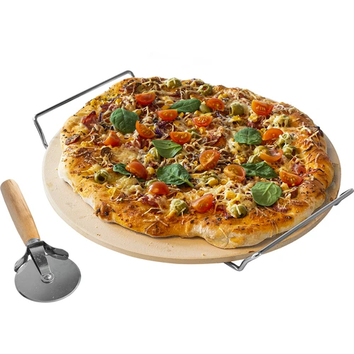 Pizzasteen met handvat en mesje, van cordieriet, rond 33 cm  - 1 ['cadeau', ' zelfgemaakte pizza', ' voor het bakken van pizza', ' voor het serveren van pizza', ' voor het bakken van brood', ' voor het bakken van broodjes']