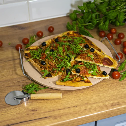 Pizzasteen met handvat en mesje, van cordieriet, rond 33 cm - 14 ['cadeau', ' zelfgemaakte pizza', ' voor het bakken van pizza', ' voor het serveren van pizza', ' voor het bakken van brood', ' voor het bakken van broodjes']