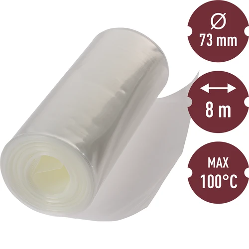 Polyamide worstomhulsel 8m-fi73mm, 100°C - 2 ['worstomhulsel', ' omhulsel voor vleeswaren', ' omhulsel voor hammen', ' omhulsel voor mortadella', ' omhulsel voor bloedworst']