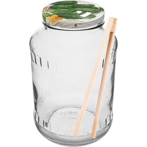 Pot 1,5 L, fi 82/6 met gekleurd deksel + tang  - 1 ['glazen pot', ' pot met deksel', ' pot voor het inmaken van augurken', ' pot voor augurken', ' pot met tang', ' augurktang', ' keukentang']