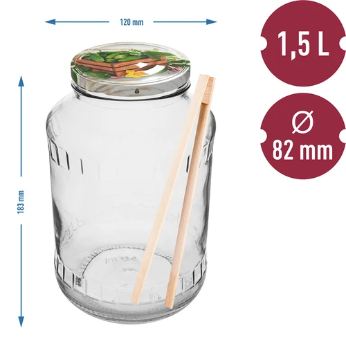Pot 1,5 L, fi 82/6 met gekleurd deksel + tang - 2 ['glazen pot', ' pot met deksel', ' pot voor het inmaken van augurken', ' pot voor augurken', ' pot met tang', ' augurktang', ' keukentang']