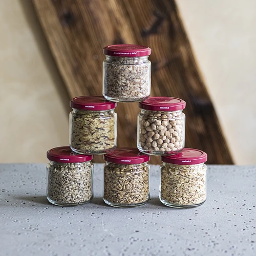 Pot 212 ml fi66/4 met bordeauxrood deksel 6 stuks - 5 ['set van potten', ' potten voor jam', ' potten met deksels', ' potten fi 66', ' potten met deksels 4 klemmen', ' potten met bordeauxrode deksels', ' voor conserven', ' voor wecken', ' kruidencontainer', ' pot voor puree', ' pot voor honing', ' voor gemarineerde paddenstoelen']