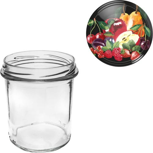 Pot 350 ml met gekleurde deksel - 6 stuks - 8 ['voor conserven', ' voor jam', ' voor compote', ' voor pruimenmoes', ' pruim', ' pruimen', ' van perziken', ' perzik', ' fruit', ' voor chia dessert', ' kersenjam']