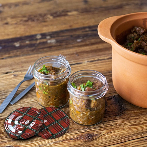 Pot 350 ml met gekleurde deksel - 6 stuks - 11 ['voor conserven', ' voor jam', ' voor compote', ' voor pruimenmoes', ' pruim', ' pruimen', ' van perziken', ' perzik', ' fruit', ' voor chia dessert', ' kersenjam']