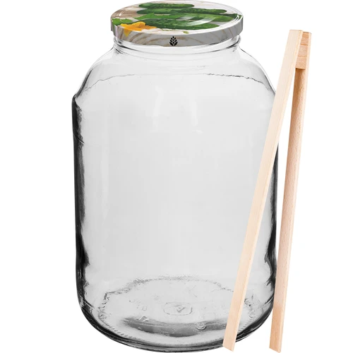 Pot 4 L, gekleurd deksel + vork of tang  - 1 ['pot', ' glazen pot', ' glazen pot met deksel', ' pot met schroefdeksel', ' pot voor het inmaken van augurken', ' pot voor augurken', ' pot voor likeuren', ' pot voor likeuren', ' pot met tang', ' tang voor augurken', ' keukentang']