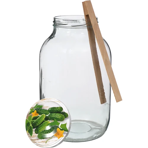 Pot 4 L, gekleurd deksel + vork of tang - 4 ['pot', ' glazen pot', ' glazen pot met deksel', ' pot met schroefdeksel', ' pot voor het inmaken van augurken', ' pot voor augurken', ' pot voor likeuren', ' pot voor likeuren', ' pot met tang', ' tang voor augurken', ' keukentang']