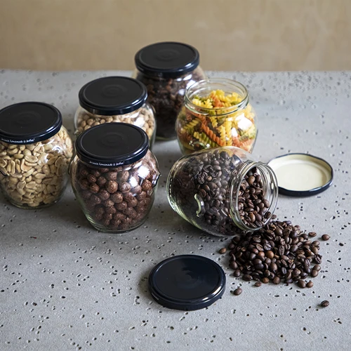 Pot Amfora 580 ml (fi 82) met zwart deksel 6 stuks - 5 ['set van potten', ' potten voor fermentatie', ' potten voor jam', ' potten met deksels', ' potten fi 82', ' potten met deksels 6 klemmen', ' potten met bordeauxrode deksels', ' voor conserven', ' voor wecken', ' voor honing', ' voor honing', ' voor pasteurisatie', ' pot 0', '5 L']