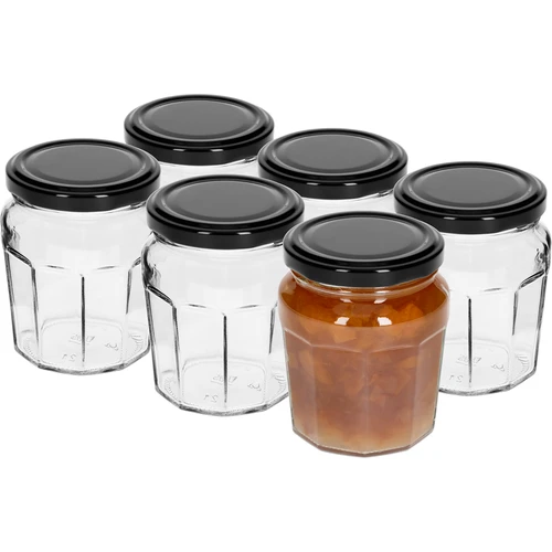 Pot Confituur 230ml met zwarte dek. fi63/4 - 6st - 2 ['pot', ' pot confituur', ' pot 230 ml', ' set van potten', ' glazen potten', ' pot voor conserven', ' potten voor honing', ' potten 6 stuks', ' glazen pot', ' potten voor jam', ' potten voor confituren', ' potten voor marmelades', ' pot voor honing', ' potten met deksels']