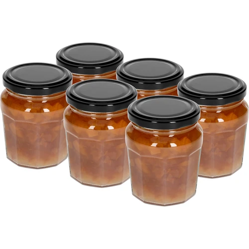 Pot Confituur 230ml met zwarte dek. fi63/4 - 6st - 3 ['pot', ' pot confituur', ' pot 230 ml', ' set van potten', ' glazen potten', ' pot voor conserven', ' potten voor honing', ' potten 6 stuks', ' glazen pot', ' potten voor jam', ' potten voor confituren', ' potten voor marmelades', ' pot voor honing', ' potten met deksels']
