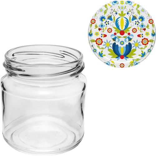 Pot met een inhoud van 212 ml, met gekleurde deksels ø 66. - 9 ['pot', ' potje', ' klein potje', ' kruidenpot', ' potje']