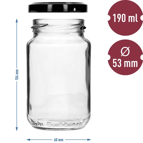 Pot TO 190ml met gekleurde deksel fi 53 - 8 stuks - 8 ['potjes', ' kleine potjes', ' potje', ' glazen pot', ' glazen potjes', ' pot met deksel', ' potjes voor conserven', ' pot voor wecken', ' potjes voor wecken', ' potjes voor kruiden', ' pot voor jam', ' pot voor confituur', ' pot voor honing', ' potjes TO 190 ml']