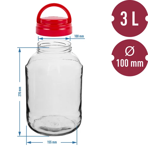 Pot TO 3 L en deksel fi 100 met handvat - 6 ['pot', ' glazen pot', ' glazen pot', ' pot met deksel', ' pot voor het inmaken van augurken', ' pot voor augurken', ' pot voor likeuren', ' pot voor likeuren', ' pot met handvat', ' deksel met handvat']