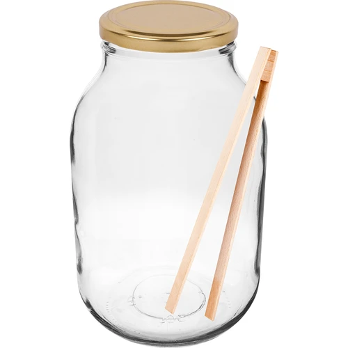 Pot TO 3 L met gouden deksel + tang fi 100  - 1 ['pot', ' glazen pot', ' glazen pot', ' pot met deksel', ' pot voor het inmaken van augurken', ' pot voor augurken', ' pot voor likeuren', ' pot voor likeuren', ' pot met tang', ' tang voor augurken', ' keukentang']