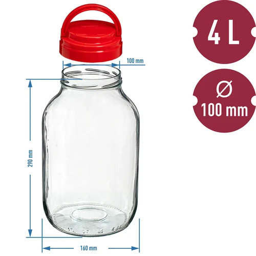 Pot TO 4 L en deksel fi 100 met handvat - 6 ['pot', ' glazen pot', ' glazen pot', ' pot met deksel', ' pot voor het inmaken van augurken', ' pot voor augurken', ' pot voor likeuren', ' pot voor likeuren', ' pot met tang', ' tang voor augurken', ' keukentang']
