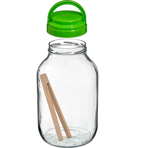 Pot TO 4 L met plastic deksel + tang fi 100 - 3 ['pot', ' glazen pot', ' glazen pot', ' pot met deksel', ' pot voor het inmaken van augurken', ' pot voor augurken', ' pot voor likeuren', ' pot voor likeuren', ' pot met tang', ' tang voor augurken', ' keukentang']