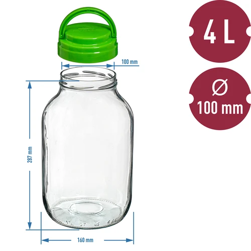 Pot TO 4 L met plastic deksel + tang fi 100 - 6 ['pot', ' glazen pot', ' glazen pot', ' pot met deksel', ' pot voor het inmaken van augurken', ' pot voor augurken', ' pot voor likeuren', ' pot voor likeuren', ' pot met tang', ' tang voor augurken', ' keukentang']